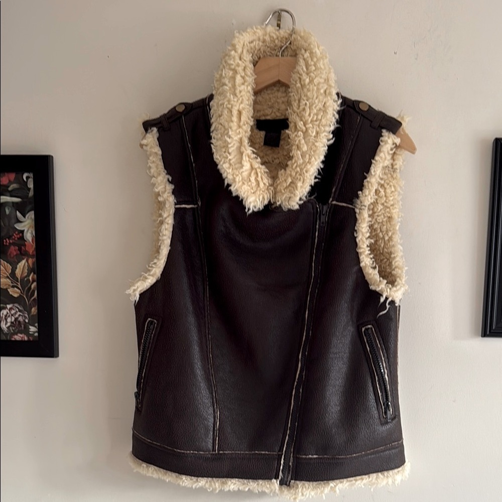 Steve Madden Dk Brown Faux Leather Cream Zipper Moto Shearling Vest Women Med/Lg